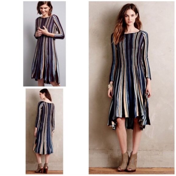 Anthropologie Moth Nora Dress‎ Vertical Striped Lines Boho Cottage Midi XXS - Picture 1 of 12